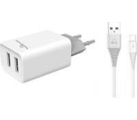 POWERTECH Φορτιστής τοίχου & καλώδιο Micro USB PT-775, 2x USB, 2.1A, Λευκό