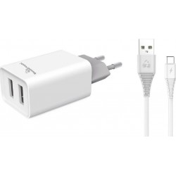 POWERTECH Φορτιστής τοίχου & καλώδιο USB Type-C PT-776, 2x USB, 2.1A