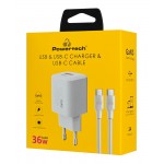 POWERTECH φορτιστής τοίχου PT-1351 με καλώδιο, USB/USB-C, 36W, GaN, λευκός