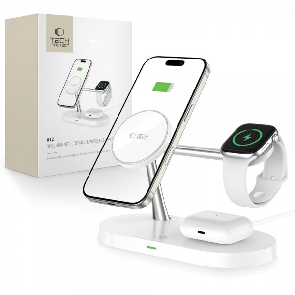Tech-Protect Φορτιστής Magsafe Άσπρος A12 3in1 Magnetic MagSafe Wireless Charger