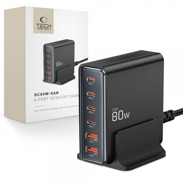Tech-Protect Βάση Φόρτισης GaN με 2 Θύρες USB-A και 4 Θύρες USB-C 80W Power Delivery / Quick Charge 3.0 σε Μαύρο χρώμα (PD80W/QC3.0)