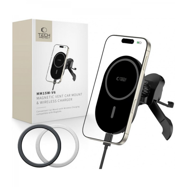 Tech-Protect MM15W-V6 Μαγνητική Βάση Αυτοκινήτου με Ασύρματη Φόρτιση 15W για MagSafe, Μαύρη