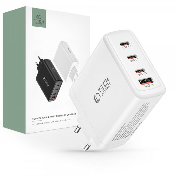 Tech-Protect Φορτιστής Χωρίς Καλώδιο με Θύρα USB-A και 3 Θύρες USB-C 100W Power Delivery / Quick Charge 3.0 Λευκός, NC100W-GAN
