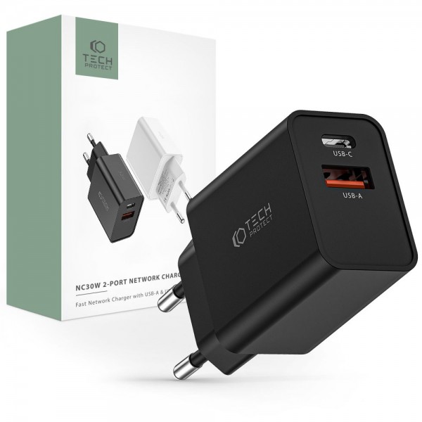 Tech-Protect Φορτιστής Μαύρος με 1 Θύρα USB και 1 Θύρα USB-C Power Delivery ΝC30W