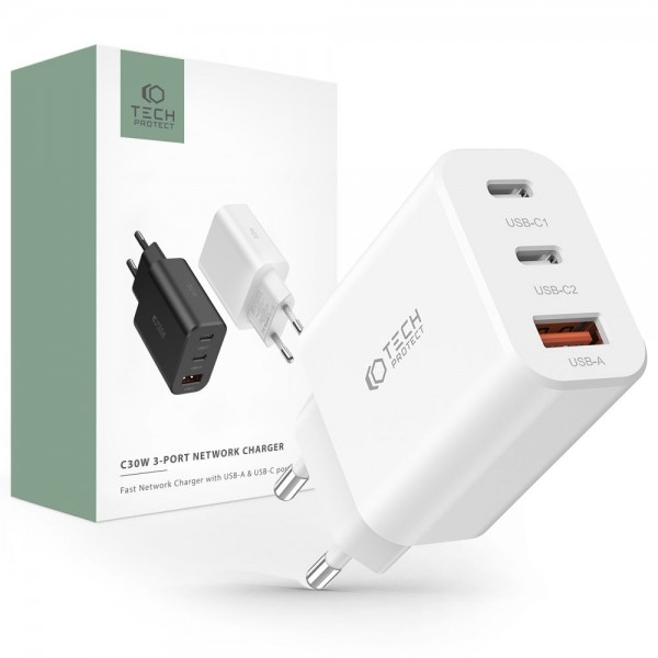 Tech-Protect Φορτιστής Χωρίς Καλώδιο με Θύρα USB-A και 2 Θύρες USB-C Power Delivery / Quick Charge 3.0 Λευκός, C30W