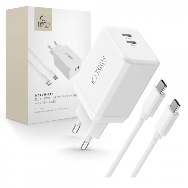 Tech-Protect Φορτιστής, με 2 Θύρες Type C και 1 Καλώδιο Type C 45W Power Delivery Λευκός NC45W-GAN