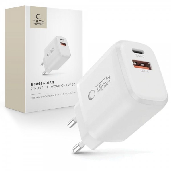 Tech-Protect Φορτιστής Χωρίς Καλώδιο GaN με Θύρα USB-A και 1 Θύρxα USB-C 65W Power Delivery / Quick Charge 3.0 Λευκός NCA65W