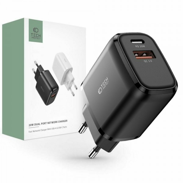 Tech-Protect Φορτιστής Χωρίς Καλώδιο με Θύρα USB-A και Θύρα USB-C 20W Power Delivery / Quick Charge 3.0 Μαύρος (C20W)