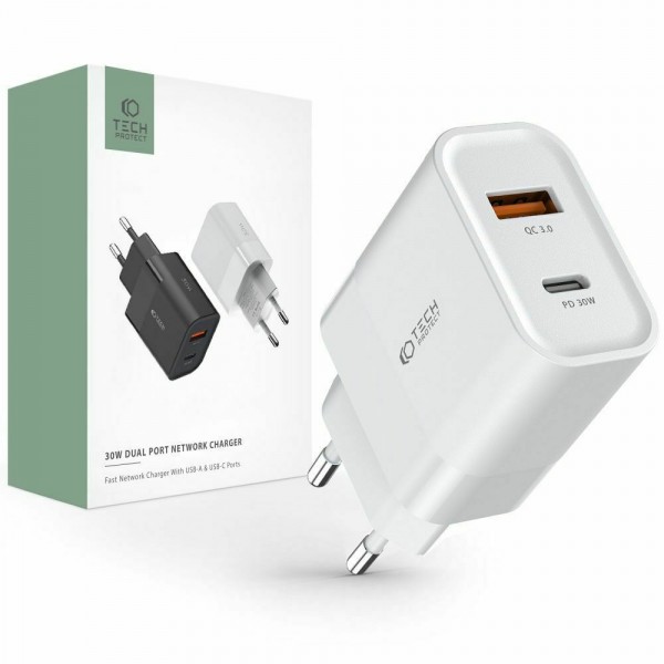 Tech-Protect Φορτιστής Χωρίς Καλώδιο με Θύρα USB-A και Θύρα USB-C 30W Power Delivery / Quick Charge 3.0 Λευκός (C30W)