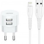 USAMS φορτιστής τοίχου T20 & καλώδιο Lightning, 2x USB, 2.1A, λευκός