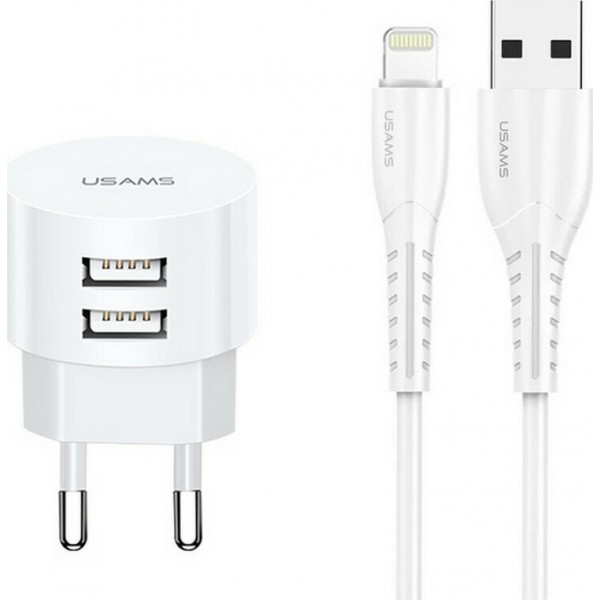 USAMS φορτιστής τοίχου T20 & καλώδιο Lightning, 2x USB, 2.1A, λευκός
