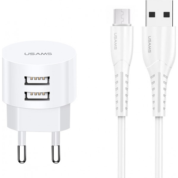 USAMS φορτιστής τοίχου T20 & καλώδιο Micro USB, 2x USB, 2.1A, λευκός