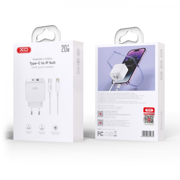 XO L137 (EU) PD20W/QC18W (1 USB-A + 1 USB-C) FAST CHARGING CHARGER WITH LIGHTNING CABLE (NB189A)