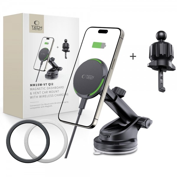 Tech-Protect Magnetic MagSafe Car Mount Phone Charger for Dashboard and Air Vent - MM15W-V7 QI2 15W