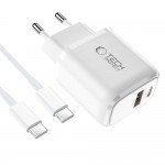 Tech-Protect Φορτιστής GaN με Θύρα USB-A και Θύρα USB-C και Καλώδιο USB-C - USB-C 45W Power Delivery / Quick Charge 3.0 Λευκός NCA45W