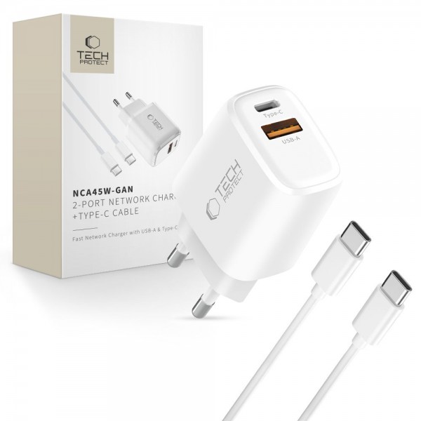 Tech-Protect Φορτιστής GaN με Θύρα USB-A και Θύρα USB-C και Καλώδιο USB-C - USB-C 45W Power Delivery / Quick Charge 3.0 Λευκός NCA45W