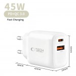 Tech-Protect Φορτιστής GaN με Θύρα USB-A και Θύρα USB-C και Καλώδιο USB-C - USB-C 45W Power Delivery / Quick Charge 3.0 Λευκός NCA45W