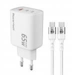 POWERTECH Φορτιστής Τοίχου PT-1415 με Καλώδιο USB/2x USB-C 65W GaN Λευκός
