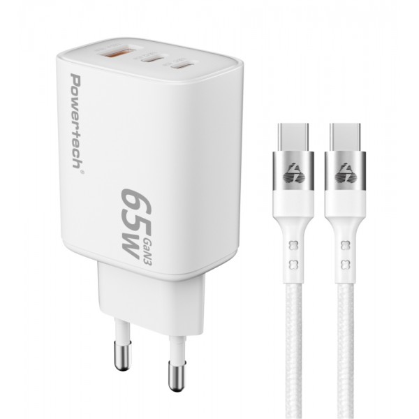 POWERTECH Φορτιστής Τοίχου PT-1415 με Καλώδιο USB/2x USB-C 65W GaN Λευκός