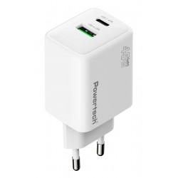 POWERTECH PT-1551 Φορτιστής Τοίχου GaN 45W με USB-A & USB-C, Ταχεία Φόρτιση PD/QC και AVS, Λευκός