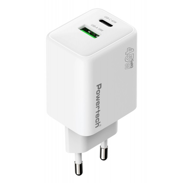 POWERTECH PT-1551 Φορτιστής Τοίχου GaN 45W με USB-A & USB-C, Ταχεία Φόρτιση PD/QC και AVS, Λευκός POWERTECH PT-1551 Φορτιστής Τοίχου GaN 45W με USB-A & USB-C, Ταχεία Φόρτιση PD/QC και AVS, Λευκός