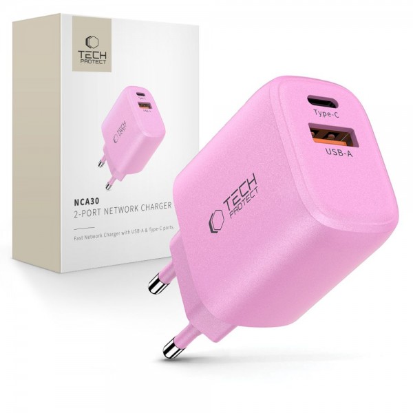 Tech-Protect NCA30 Διπλός Φορτιστής Τοίχου PD 30W / QC3.0 Ροζ Tech-Protect NCA30 Διπλός Φορτιστής Τοίχου PD 30W / QC3.0 Ροζ
