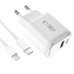 Tech-Protect Φορτιστής GaN με Θύρα USB-A και Θύρα USB-C και Καλώδιο USB-C - Lightning 45W Power Delivery / Quick Charge 3.0 Λευκός NC45W