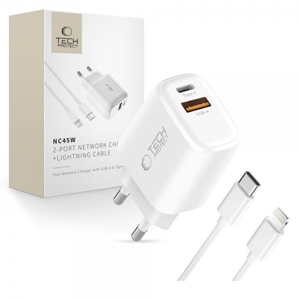 Tech-Protect Φορτιστής GaN με Θύρα USB-A και Θύρα USB-C και Καλώδιο USB-C - Lightning 45W Power Delivery / Quick Charge 3.0 Λευκός NC45W