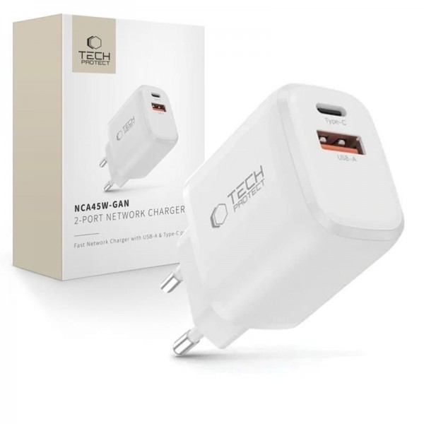 Tech-Protect Φορτιστής Χωρίς Καλώδιο GaN με Θύρα USB-A και Θύρα USB-C 45W Power Delivery / Quick Charge 3.0 Λευκός NCA45W