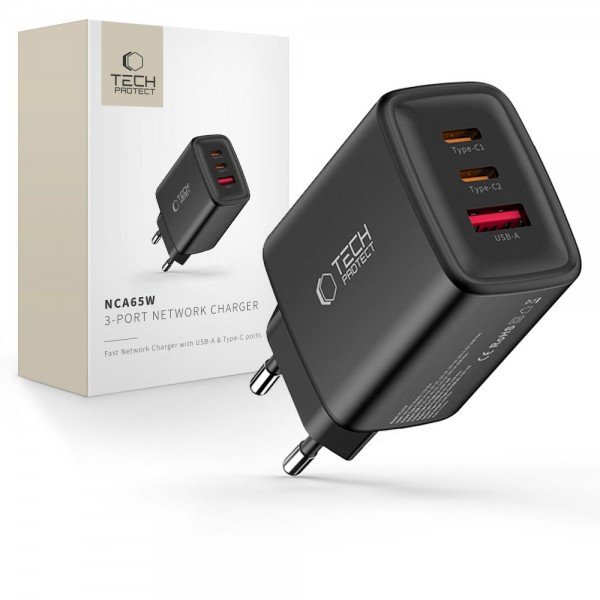 Tech-Protect NCA65W-GAN Φορτιστής τοίχου 3 θυρών 65W GaN με PD & QC3.0