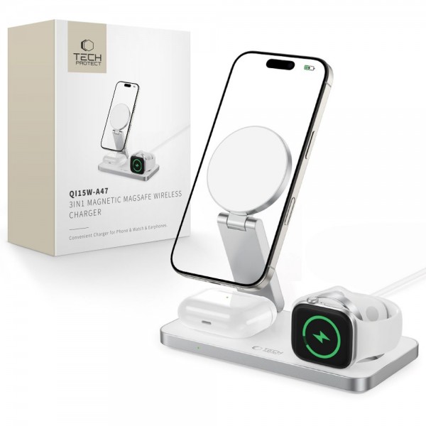 Tech-Protect QI15W-A47 3-in-1 Μαγνητικός Ασύρματος Φορτιστής MagSafe Λευκός