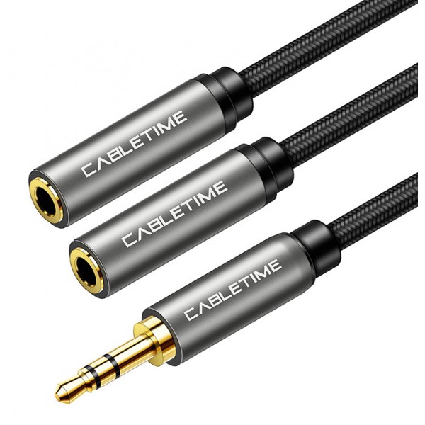 CABLETIME Καλώδιο Ήχου 3.5mm σε 2x 3.5mm CT-P12G, 3-Pole, 20cm, Μαύρο