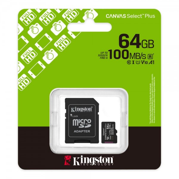Κάρτα Μνήμης Kingston Micro SDHC 64GB Canvas Select Plus Class 10 + adapter, SDCS3/64GB