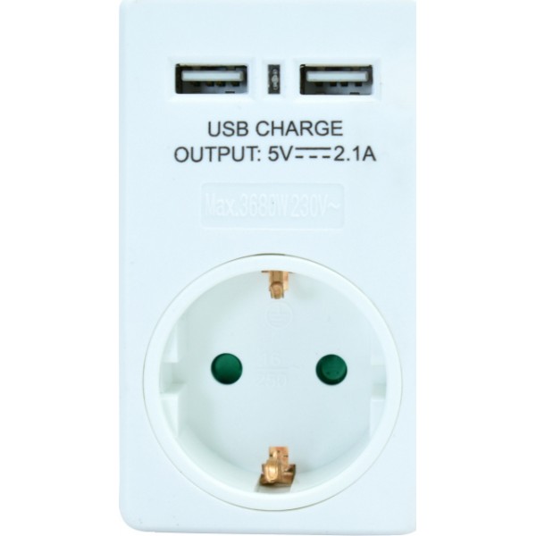 POWERTECH Αντάπτορας ρεύματος schuko PT-767, 2x USB, λευκός