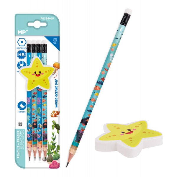 MP σετ ξύλινα μολύβια & γόμα World oceans day PPE356-05, εξάγωνα, HB, 5τμχ MP σετ ξύλινα μολύβια & γόμα World oceans day PPE356-05, εξάγωνα, HB, 5τμχ